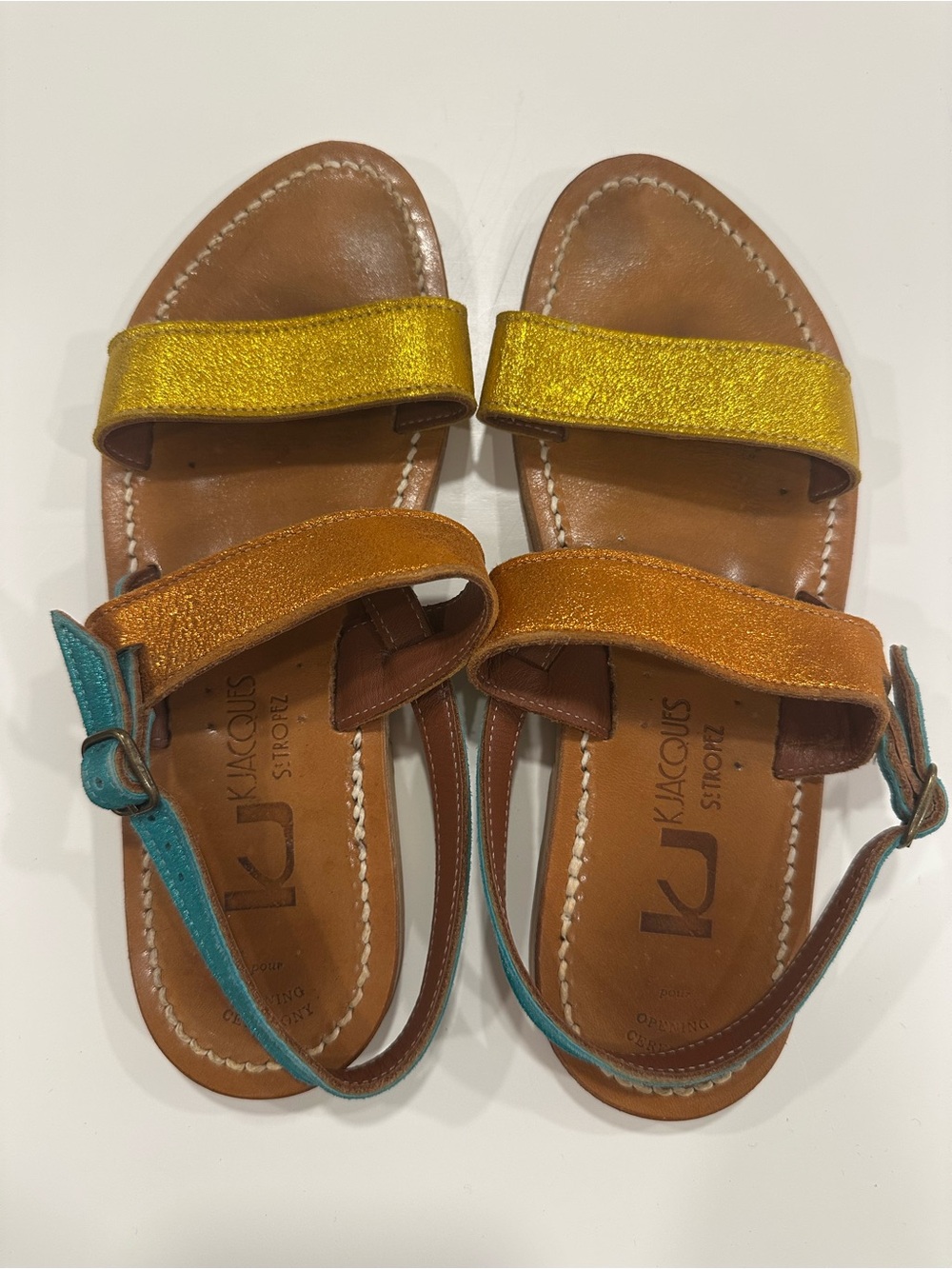K.Jacques Brown Leather Sandals with Turquoise Strap